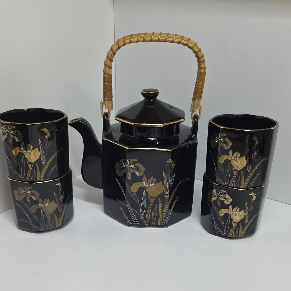 Vintage Black and Gold Floral Tea Set with Bamboo Handle